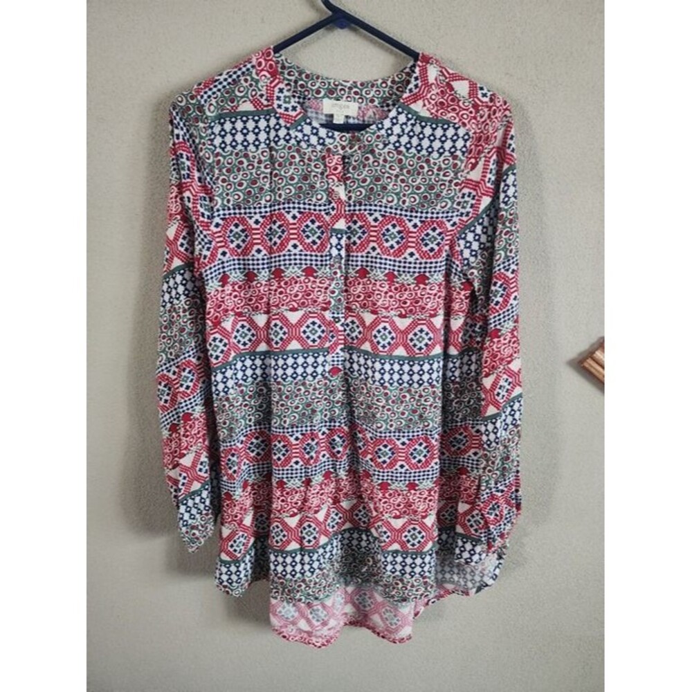 Umgee Small Boho Geometric Mosaic Print Long Sleeve Henley Tunic Blouse EUC